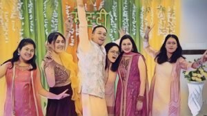 a group of wedding guests actively participating in interactive activities, creating a lively and joyful atmosphere.